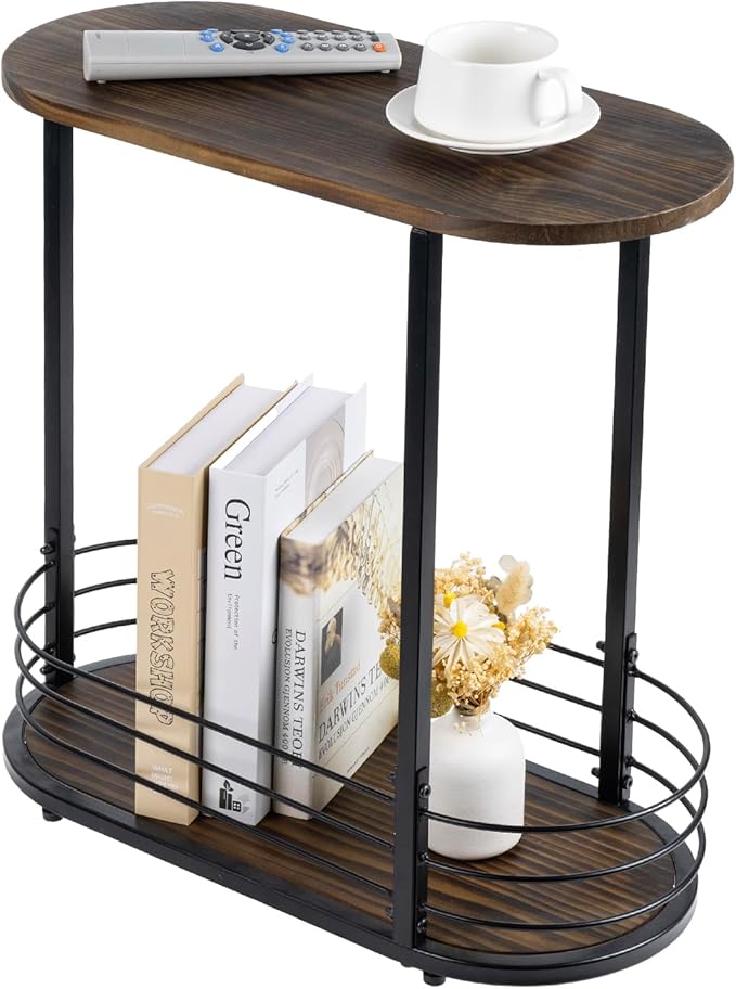 MyGift 21 Inch Tall Brown Wood Oval Side Table, 2 Tier Living Room Sofa End or Side Table with Bottom Storage