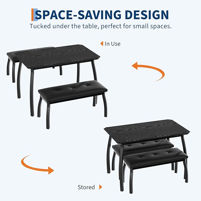 GAOMON Dining Table Set for 4, Metal Frame Kitchen Table Set with 2 Upholstered Bench, 3 Piece Dining Room Table Furniture for Apartment, Studio, Home, Easy Assembly, Black