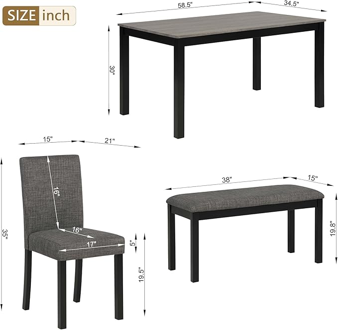 soges 6-Piece Kitchen Dining Table Set with Bench and Chairs, Dining Table Set for 6 with Bench, Wooden Table Set for Kitchen, Dining Room, Grey