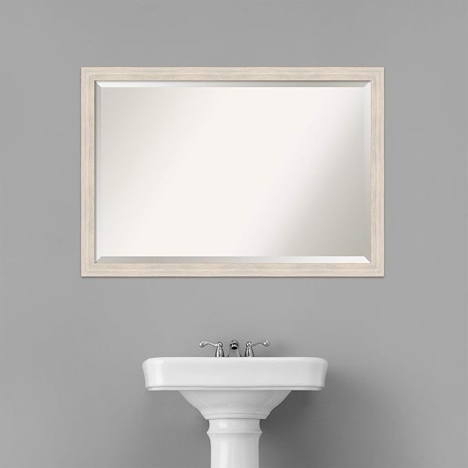 Amanti Art White Bathroom Mirror for Over Sink, 27x39 Hardwood White Wash Narrow Rectangle Vanity Mirror, Large Rustic Farmhouse Wood Frame, Hangs Horizonally and Vertically, Bathroom Wall Decor