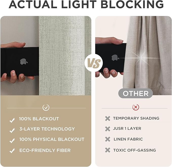 Joydeco 100% Blackout Curtains for Bedroom - Natural Linen Curtains 42" W x 96" L Long, Thermal Insulated 2 Panels Light Beige. Room Darkening Light Blocking Drapes for Living Room