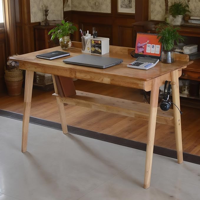 Oak Desk with Drawers, Solid Wood Desk with Bookshelf Small Computer Desk for Small Spaces Mid-Century Modern Wood Writing Desk with 2 Drawers for Home Office 47"