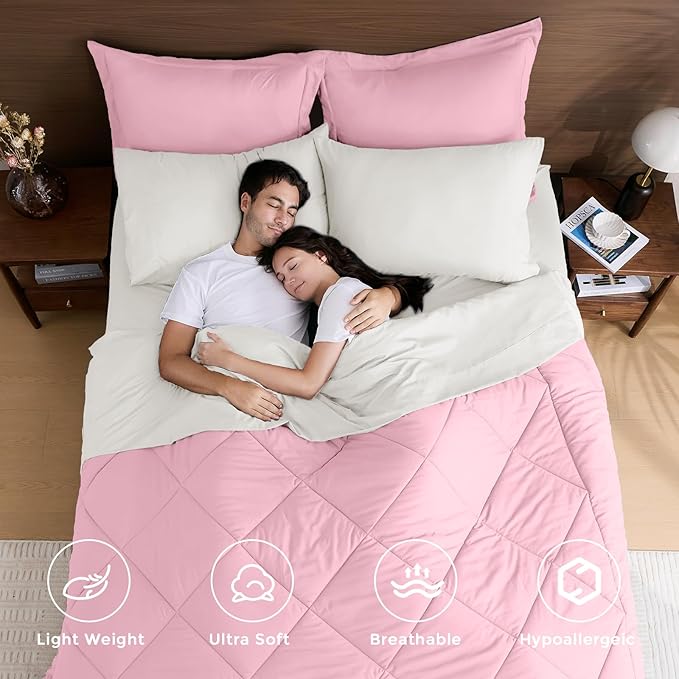 HEVUMYI King Comforter Set - 7-Piece All Season Bed in a Bag King, Ultra Soft Bedding Set with Comforter, Flat Sheet, Fitted Sheet, Pillowcases, Pillow Shams, Pink & Ivory