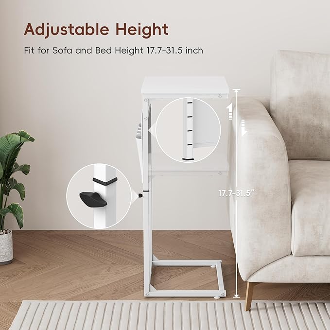 Vagusicc C Shaped End Table, 33" Tall Side Table for Couch, Adjustable Height Small Couch Side Table for Small Spaces, C Table End Table Slide Under Sofa Table TV Tray for Living Room Bedroom, White