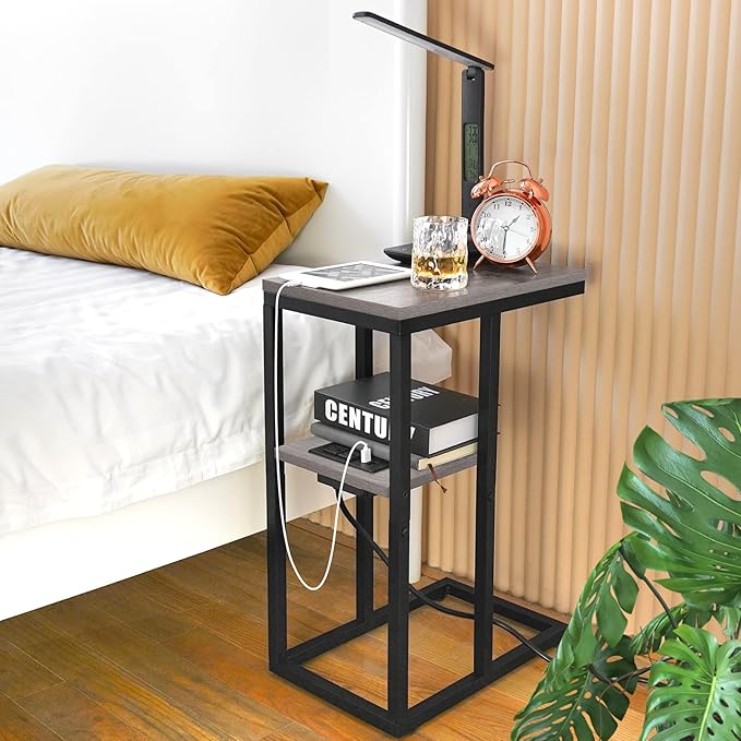 Yoobure C Shaped End Table with Charging Station, Small Side Table for Living Room, Bedroom, Sofa with USB Ports and Outlets for Small Spaces, C Couch Rustic Snack Bed Side Table