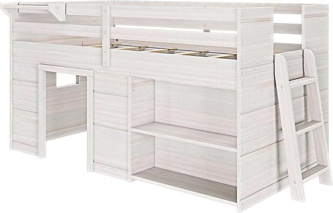 Max & Lily Modern Farmhouse Twin Low Loft Bed with Bookcase - Solid Wood, 15” Guardrails, 400-lb Capacity, Low-VOC Finish, White Wash