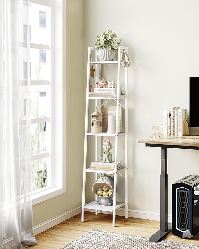 Ladder Shelf, Bookshelf Bookcase, Freestanding Corner Storage Shelve with 2 Hooks for Home Office, Living Room, Kitchen, Bedroom, Industrial, 5-Tier White BC03213W