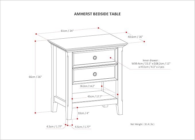 SIMPLIHOME Amherst Solid Wood 24 Inch Wide Traditional Bedside Nightstand Table in Natural Aged Brown, for The Living Room and Bedroom