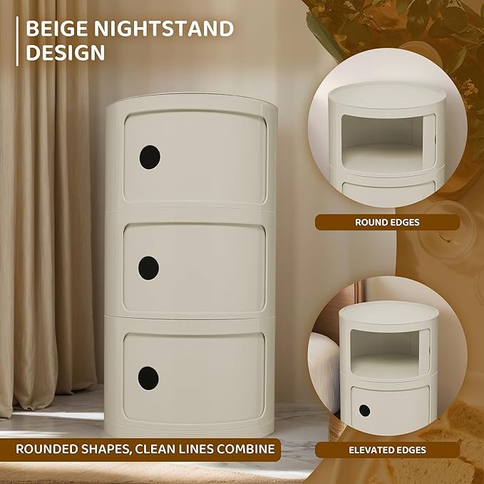 3 Tier Round with Storage, Modern Style Side Table, Multifunctional End Table Storage Cabinet for Living Room, Bedroom, Bathroom (Beige)