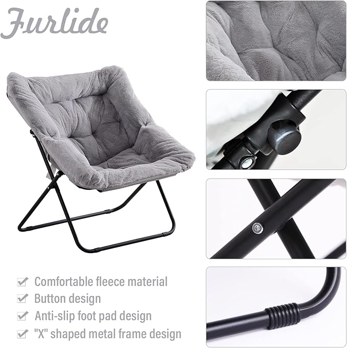 Comfy Dorm Chair - Oversized Folding Saucer Chair with Soft Faux Fur, Metal Frame, for Bedroom, Living Room, Balcony, Patio, Study, Playroom (Grey)