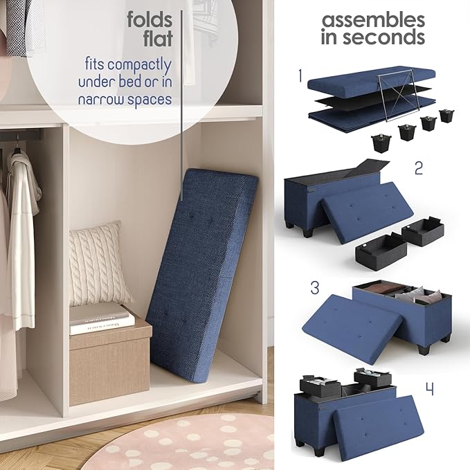 STORAGEBUD Storage Ottoman Bench with Bins, 30-in Storage Bench for Bedroom End of Bed, Folding Foot Rest Ottoman for Living Room Max 660lbs, Fabric Ottomans, Blue