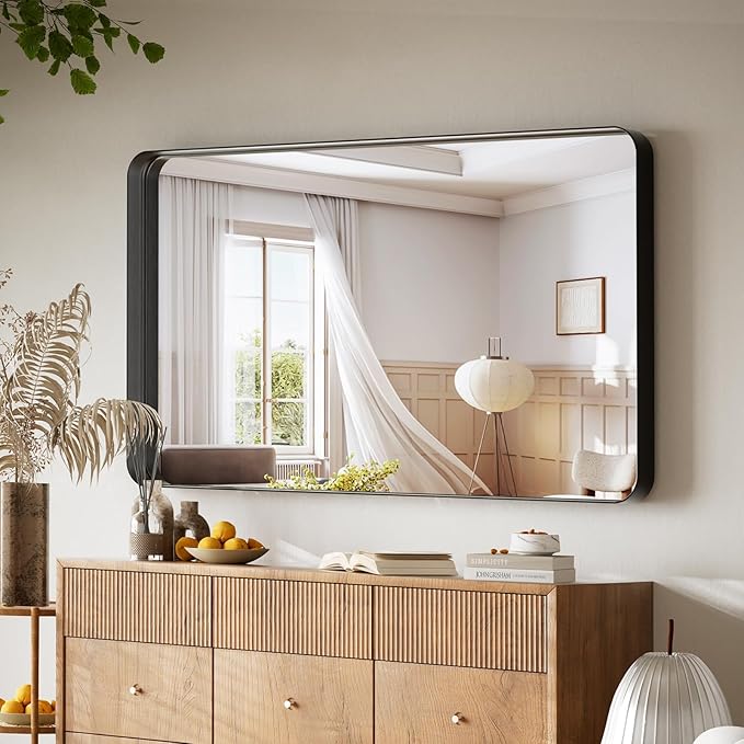 Bathroom Mirror 30x48 inch, Black Gorgeous Deep Frame Wall Mirror, Modern Round Corner Bathroom Vanity Mirror for Bedroom, Living Room, Hanging or Leaning Horizontal or Vertical, Black