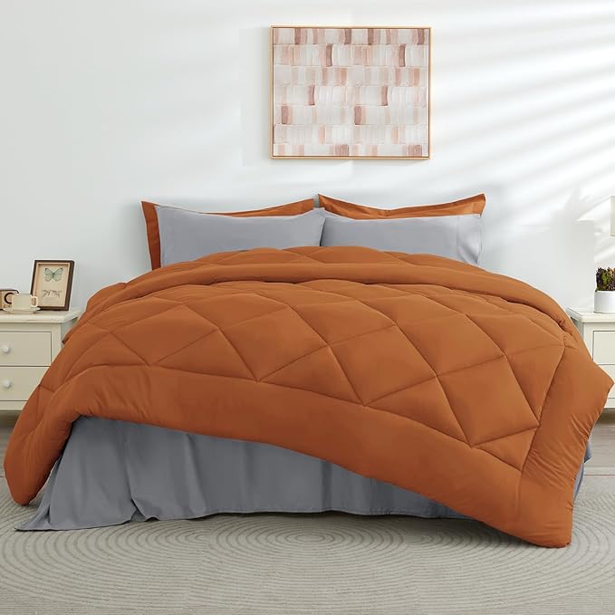 HEVUMYI Twin-XL Comforter Set - 5-Piece All Season Bed in a Bag Twin-XL, Ultra Soft Bedding Set with Comforter, Flat Sheet, Fitted Sheet, Pillowcases, Pillow Shams, Orange & Light Grey