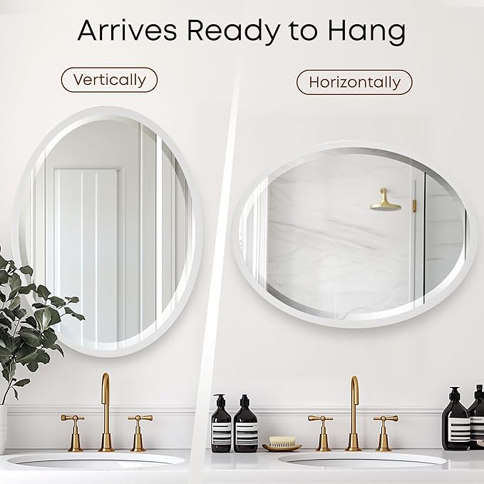 OVALCREST - Oval Wooden Beveled Wall Mirror for Home Decor, Bathroom, Vanity, Bedroom, Living Room, Hallway - London Style (Linen White) 21.1 x 31.1