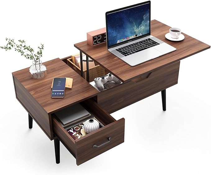 HAIOOU Lift Top Coffee Table with Storage, Mid Century Modern Coffee Tables with Drawer for Living Room,Walnut Rectangular Center Table with Pine Leg Anti-Scratching, Home, Office