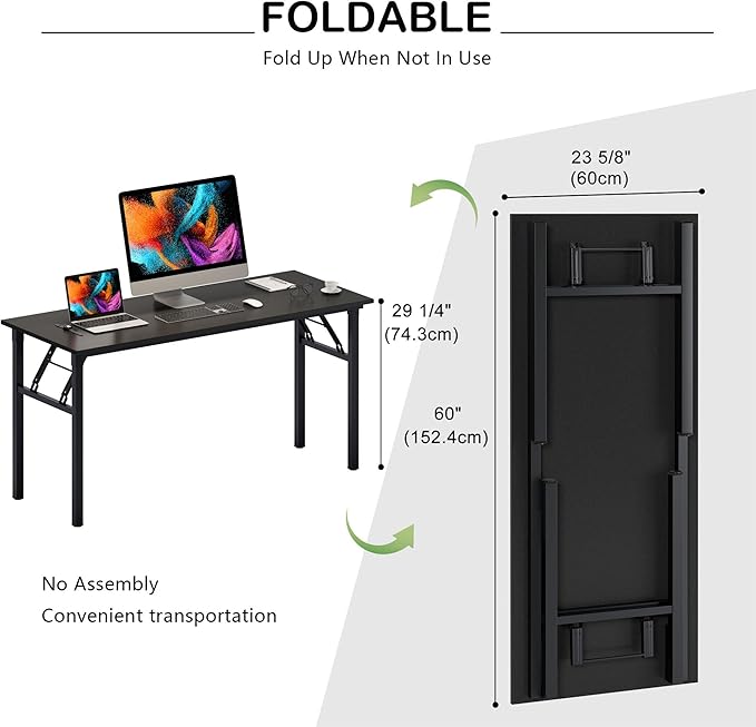 DlandHome Computer Desk, 59.8Inch Office Desk Computer Table, Study Writing Study Desk for Home Office, Black and Black