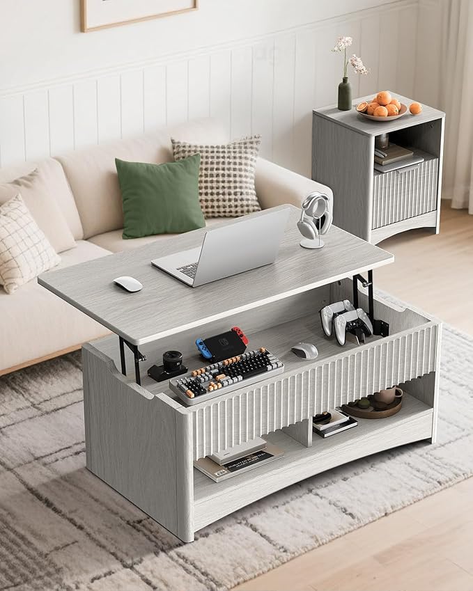 Marsail Lift Top Coffee Table with Open & Hidden Storage, Modern Fluted Coffee Table with Smooth Lift Mechanism, Sturdy Space-Saving Center Table for Home Living Room, Office, Light Grey