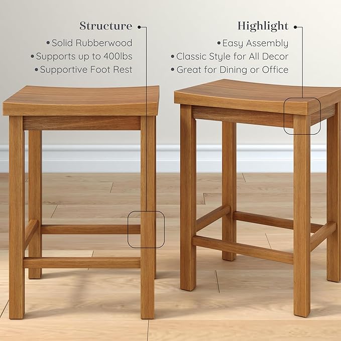 Grain & Grove Smith Collection Solid Wood Counter Height Bar Stool, 24-Inch Saddle Seat Backless Stool, Ideal for Kitchen Island, Dining, or Home Bar Seating, Pecan
