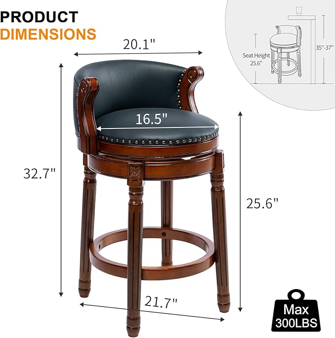 CozyRain Bar Stools Rubber Wood Counter Height Bar Stool Leather Upholstered Swivel Barstools with Back & Footrest for Home,Kitchen,Counter,Dining Room (Navy Blue, Seat Height 26 in)