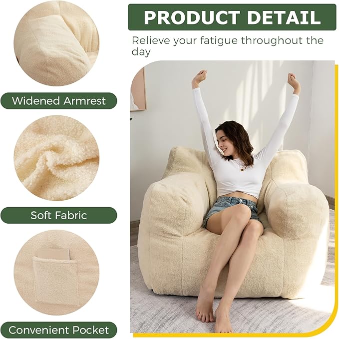 HIGOGOGO Giant Bean Bag Chairs for Adults,Big Comfy Chair Sofa for Bedroom Living Room, Large Lazy Bean Bag Chair with Pocket Armrests for Gaming, Reading