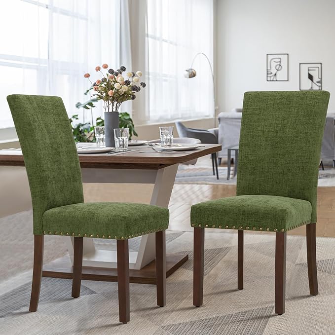 COLAMY Upholstered Parsons Dining Chairs Set of 4, Fabric Dining Room Kitchen Side Chair with Nailhead Trim and Wood Legs - Green
