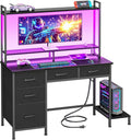 Computer Gaming Desk with Hutch, Home Office Desk with Power Outlets, LED Light, 5 Storage Drawers, 2 Tiers Shelves for Display, 39 Inch Modern Study Writing Table for Bedroom, Black
