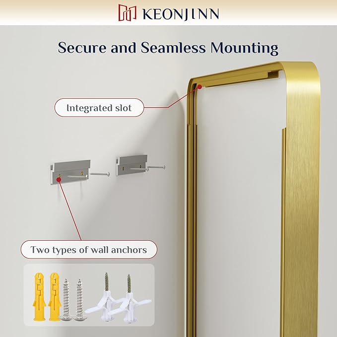 Keonjinn Gold Bathroom Vanity Mirror 48 x 36 Inch Large Rounded Rectangle Vanity Mirror, Brushed Brass Wall Mirror with HD Tempered Glass, Modern Decorative Gold Framed Mirror(Horizontal/Vertical)