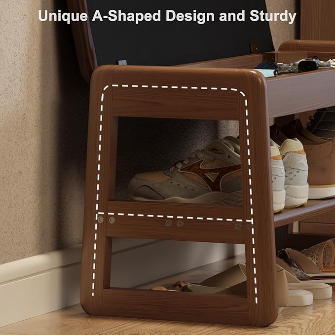 Small Shoe Bench with Leather Cushion,2 Tiers Shoe Rack Bench with Flip-Top Storage,Wood Shoe Rack for Entryway（Walnut,23.62"）