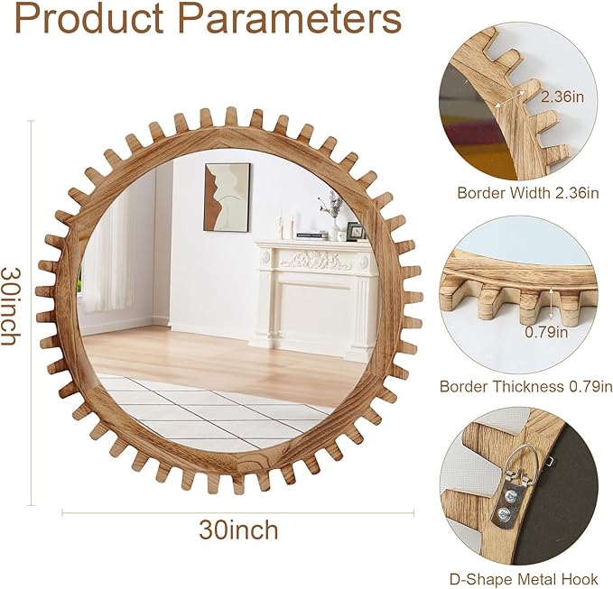 ULIKE Round Wood Mirror, 30 Inch Rustic Farmhouse Circle Mirror with Wooden Frame, Mordern Wall Decor for Bathroom Nursery Bedroom Living Room Entryway, Brown
