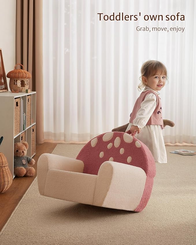 Blissful Diary Toddler Chair Comfy, Foam Kids Chair with Soft Teddy Plush, Toddler Reading Armchair with Cute Mushroom Designs- Rusty Red