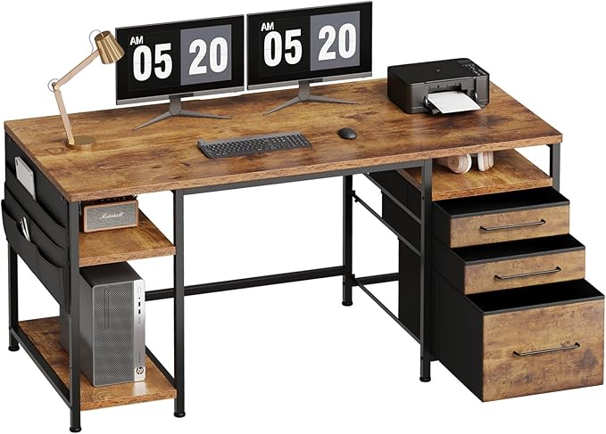 Ｍａｉｈａｉｌ 59" Computer Desk with 3 Fabric Drawers and Wooden Shelves for Home Office, Study, Bedroom, Work-from-Home Games & Desk, Rustic Brown