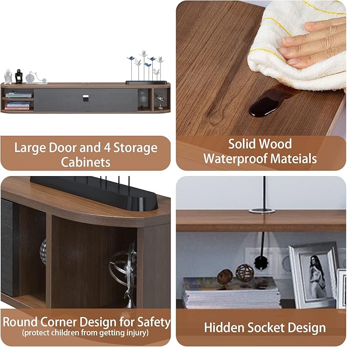 Pmnianhua Modern Floating TV Stand, 63'' Wall Mounted Under TV Shelf, Walnut