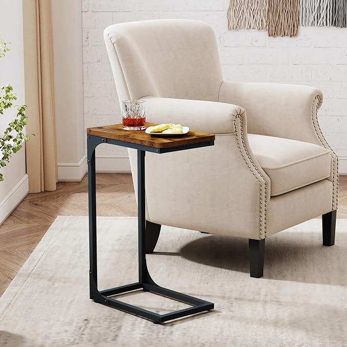 QEEIG Narrow C Shaped Side Table Set of 2 Living Room Sets Slim Couch Tray Tables Skinny Thin Small Farmhouse 9.5 inch Width, Rustic Brown (017-24BN)