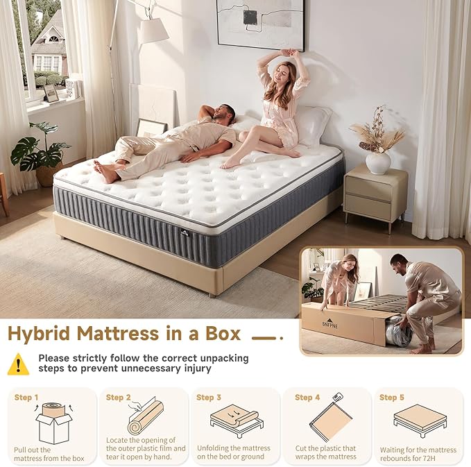 Queen Size Mattress 12 Inch, Hybrid Memory Foam Mattress with Zoned Pocket Coils Support and Motion Isolation Design, Strengthen Edge Support,CertiPUR-US Certified, Medium Firm in a Box