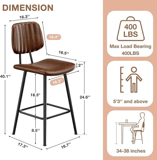 24-Inch Leather Bar Stools, Counter Height Barstools with High Backrest，Bar Chairs for Kitchen Island with Heavy Duty Metal Legs, Dark Brown