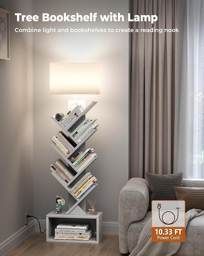6 Tier Tree Bookshelf with Light, Narrow Bookcase Tower, Tall Floor Standing Book Shelf Organizer with Storage Cabinet for Living Room, Bedroom and Home Office, White