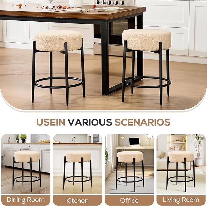 Dining Room Chairs Set of 6, 23.6" Sherpa Backless Beige Boucle Dining Chair with Black Metal Legs, Mid Century Modern Living Room Round Upholstered Chairs