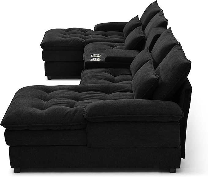 130" U-Shaped Sectional Sofa with Storage Console & Cup Holders, Upholstered 6 Seat Living Room Sleeper Couch Furniture Set w/Chaise, Cloud Cushion Couch for Home, Office, Apartment,Black