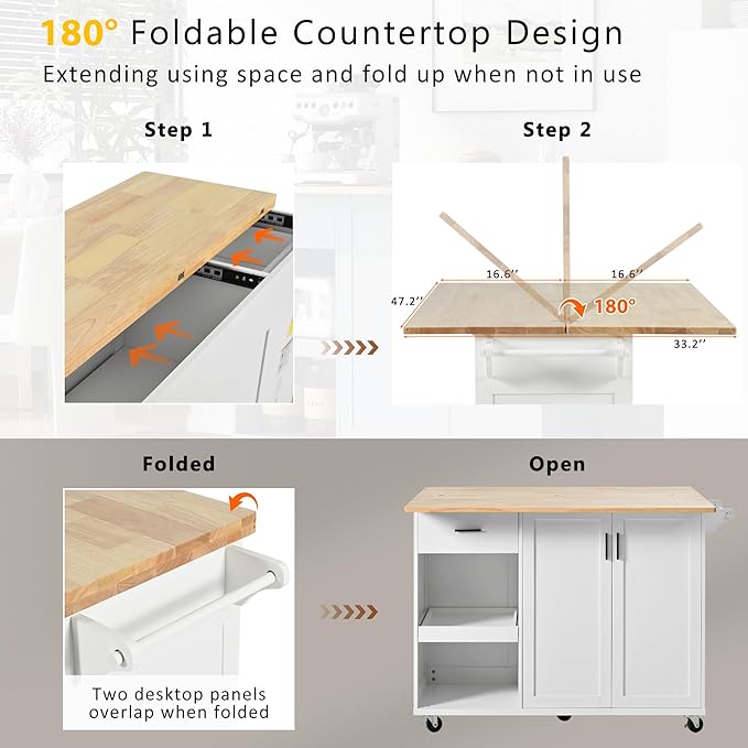 49" Foldable Kitchen Island Cart, White with Slide-Out Shelf, Towel Rack & Drawer, Rolling on Wheels, for Living & Dining Rooms