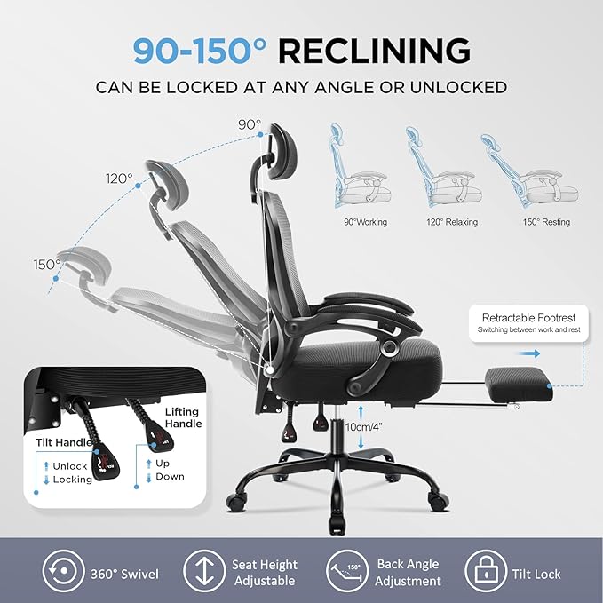Ergonomic Office Chair with Footrest,Ultra Thick Reclining Office Desk Chair with Adjustable 2D Lumbar Support and Headrest,Spring Cushion,High Back Premium Mesh Computer Chair Office Chairs,Black
