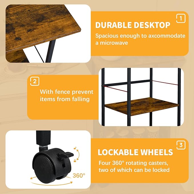 Microwave Cart with Storage, 3-Tier Rolling Kitchen Stand with Wire Basket, Wood and Metal Utility Cart on Wheels, Coffee Bar Station, Small Baker’s Rack As Kitchen Island, Microwave Shelf Organizer