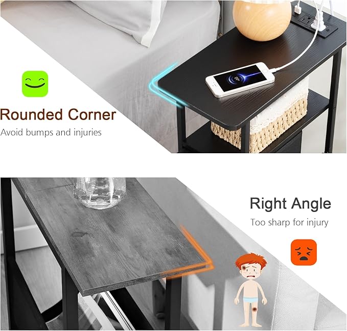 Narrow End Table Living Room with Charging Station, Skinny Side Table with Fabric Drawers, Slim Nightstand for Bedroom, Small Spaces, Couch, Black, HETNDP03BK-1