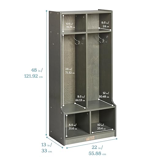 ECR4Kids 2-Section Coat Locker with Bench, Classroom Furniture, Grey Wash