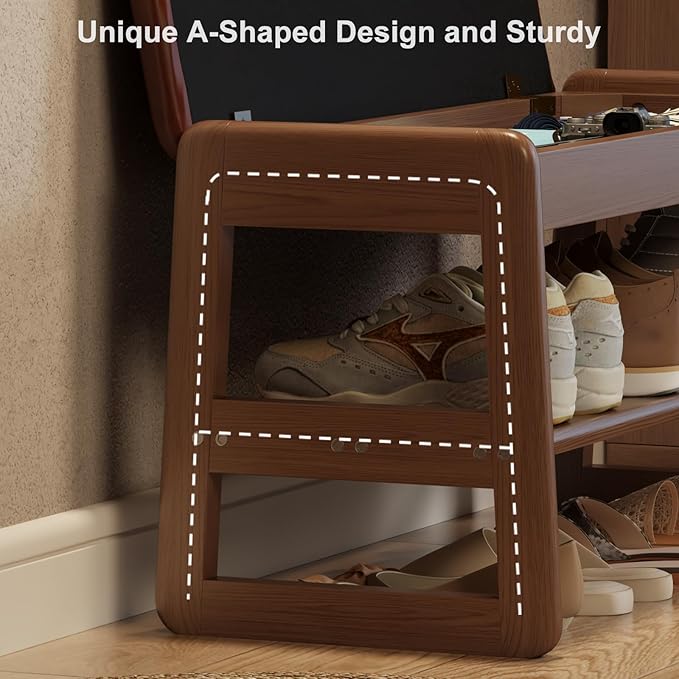 Small Shoe Bench with Leather Cushion,2 Tiers Shoe Rack Bench with Flip-Top Storage,Wood Shoe Rack for Entryway（Orange,23.62"）