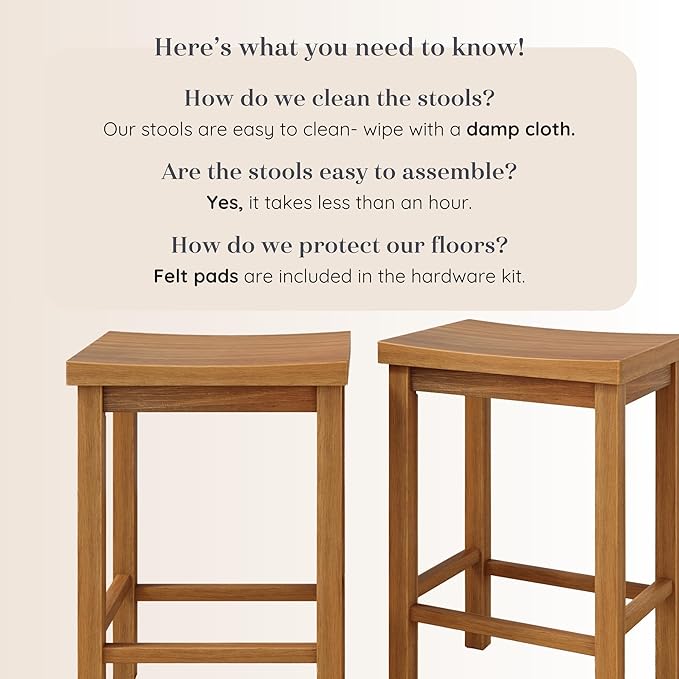 Grain & Grove Smith Collection Solid Wood Counter Height Bar Stool, 24-Inch Saddle Seat Backless Stool, Ideal for Kitchen Island, Dining, or Home Bar Seating, Pecan