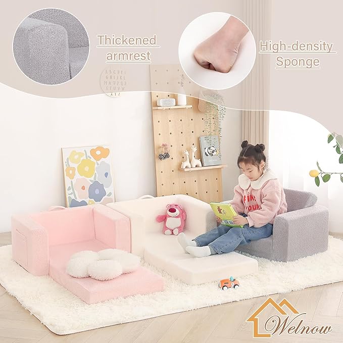 Welnow Toddler Chair, 2-in-1 Soft Sherpa Kids Sofa, Convertible Toddler Couch Lounger, Flip Out Kids Couch Chair with Side Pockets & Removable Cover for Girls and Boys, Pink Moon