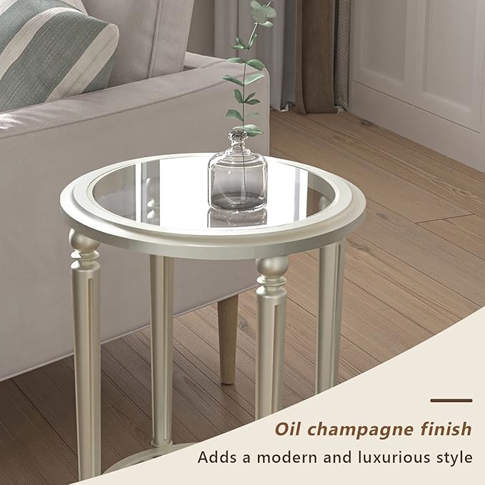 COSIEST Set of 2 Modern Round End Table, 2-Tier Glass Side Table with Glass Tabletop, Wood Accent Table with Storage Shelf for Living Room, Bedroom