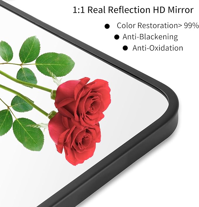 20"x40" Bathroom Wall Mirror with Matte Black Metal Frame & HD Glass, Copper-Free Mirrors Modern Rectangle Round Corner Framed Vanity Mirror - Horizontal or Vertical Installation