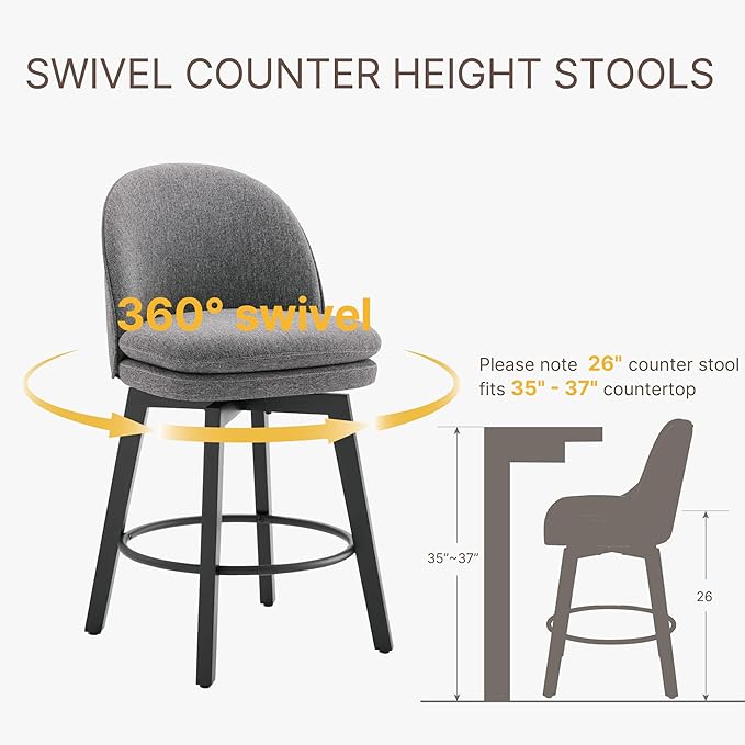 Counter Height Barstools 26 inch Upholstered Swivel Bar Stools with Back and Wood Legs for Kitchen Island,Set of 3,Dark Grey Fabric-Armless
