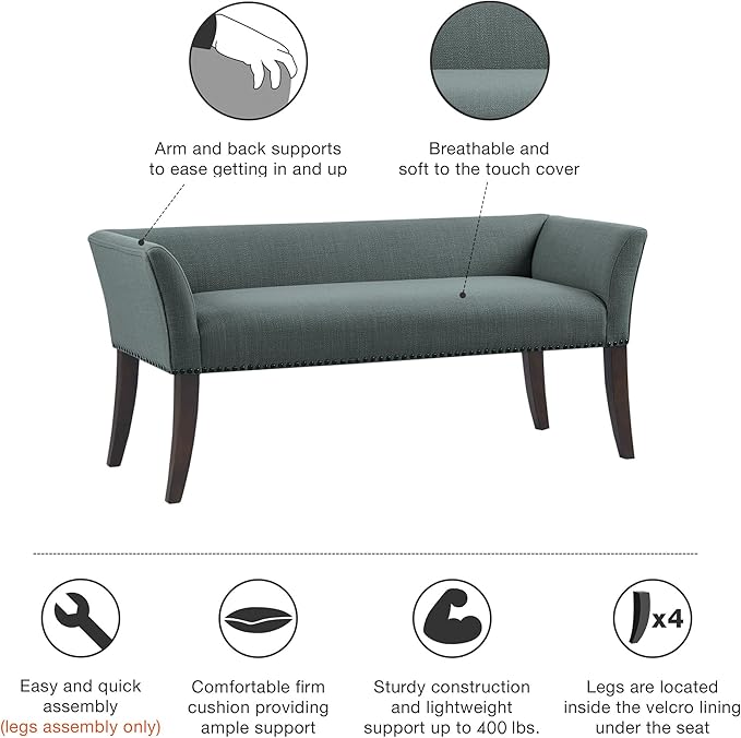 Madison Park Accent Bench, Upholstered with Nailhead Trim, & Padded Seat Entryway Bench Small, End of Bed Bench with Back, 49.5" W x 19.25" D x 23" H, Slate Blue